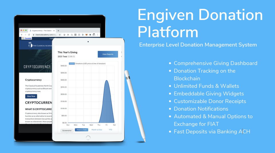 screenshot of Engiven Cryptocurrency Donation Platform